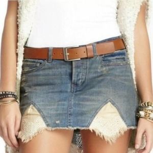 Free People Womens Tire Swing Distressed Denim Mini Skirt size 10 Lace Boho